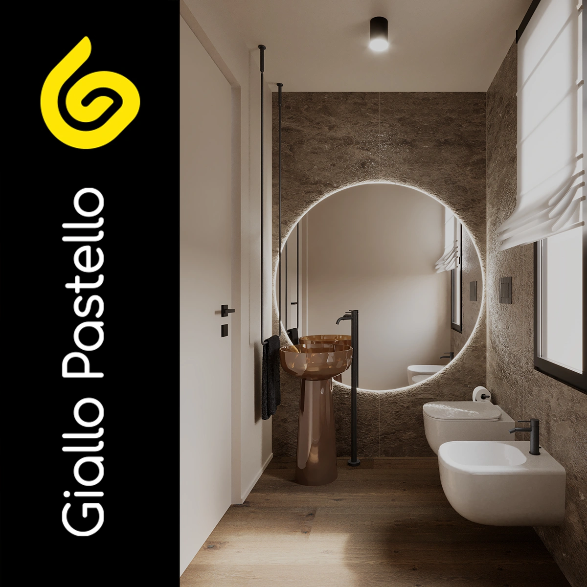 Ristrutturazione bagno: bagno con specchio rotondo - Giallo Pastello Interior Design