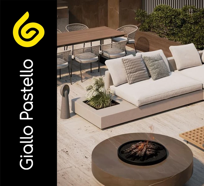 Arredamento terrazzo con divano e braciere - Giallo Pastello Interior Design Brescia