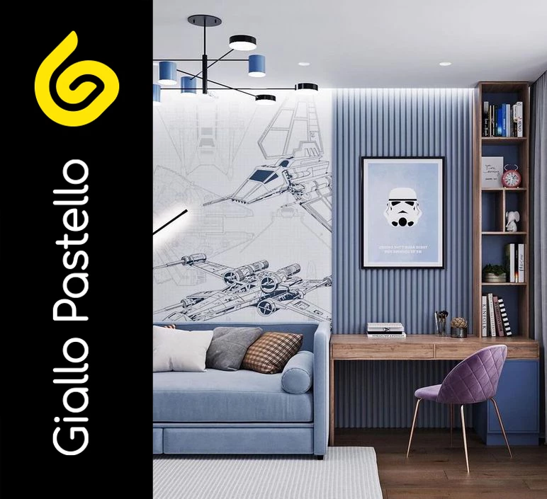 Carta da parati bambini con aerei blu e mongolfiere - Giallo Pastello Interior Design Brescia