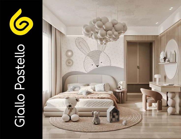 Carta da parati bambini con coniglio e palloncini - Giallo Pastello Interior Design Brescia
