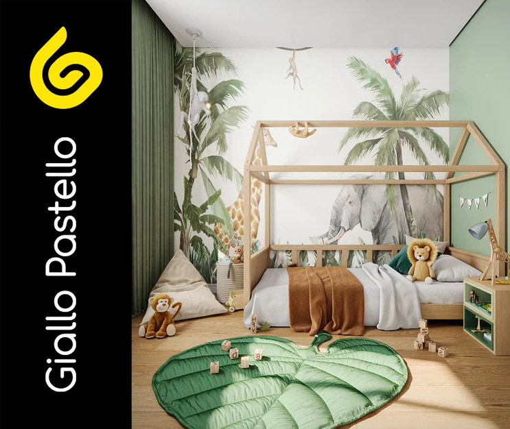 Carta da parati per cameretta stile giungla illustrata - Giallo Pastello Interior Design Brescia