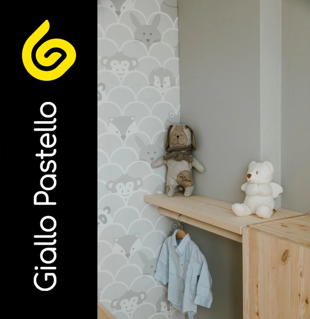 Carta da parati bambini grigia con illustrazioni animali - Giallo Pastello Interior Design Brescia