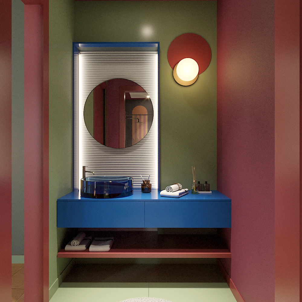 Ristrutturazione Hotel Brescia: bagno rosso Brescia Milano Interior Design Giallo Pastello