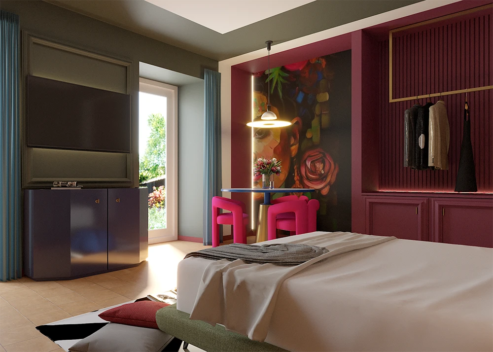 Ristrutturazione Hotel Brescia: camera da letto rossa scuro - Giallo Pastello
