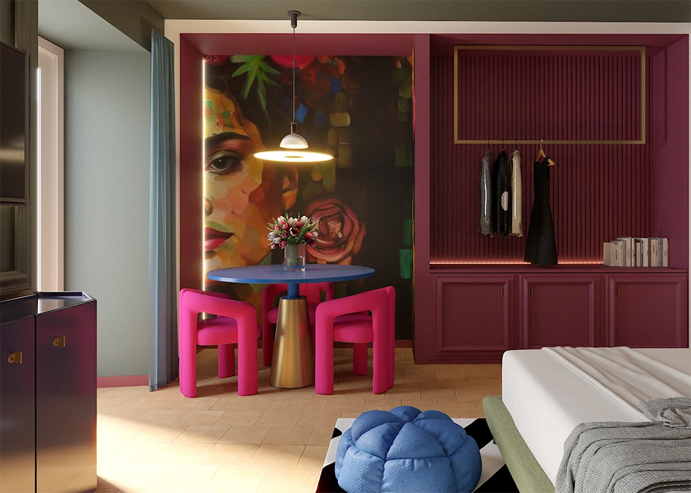 Ristrutturazione Hotel Brescia: quadro rosa Interior Design - Giallo Pastello