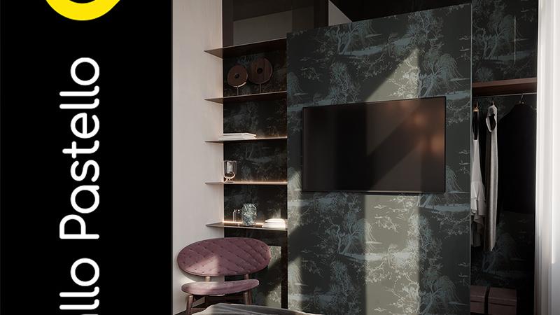Camera da Letto con Parete TV Arredamento B&B Luxury Iseo - Giallo Pastello Interior Design Brescia