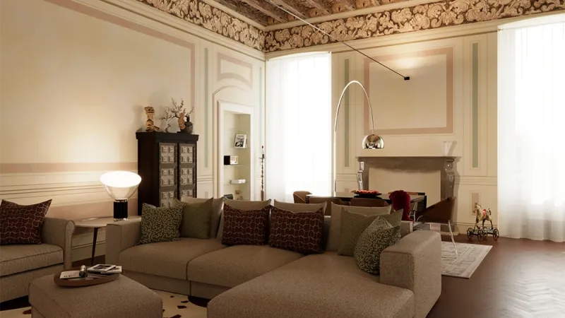 Luce sul passato - Camera living lato finestra- centro storico Brescia- interior design Giallo Pastello